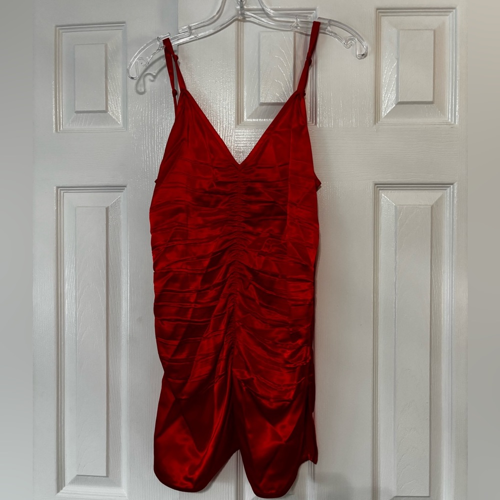 Helmut Lang Red Satin Ruched V-Neck Slip Dress